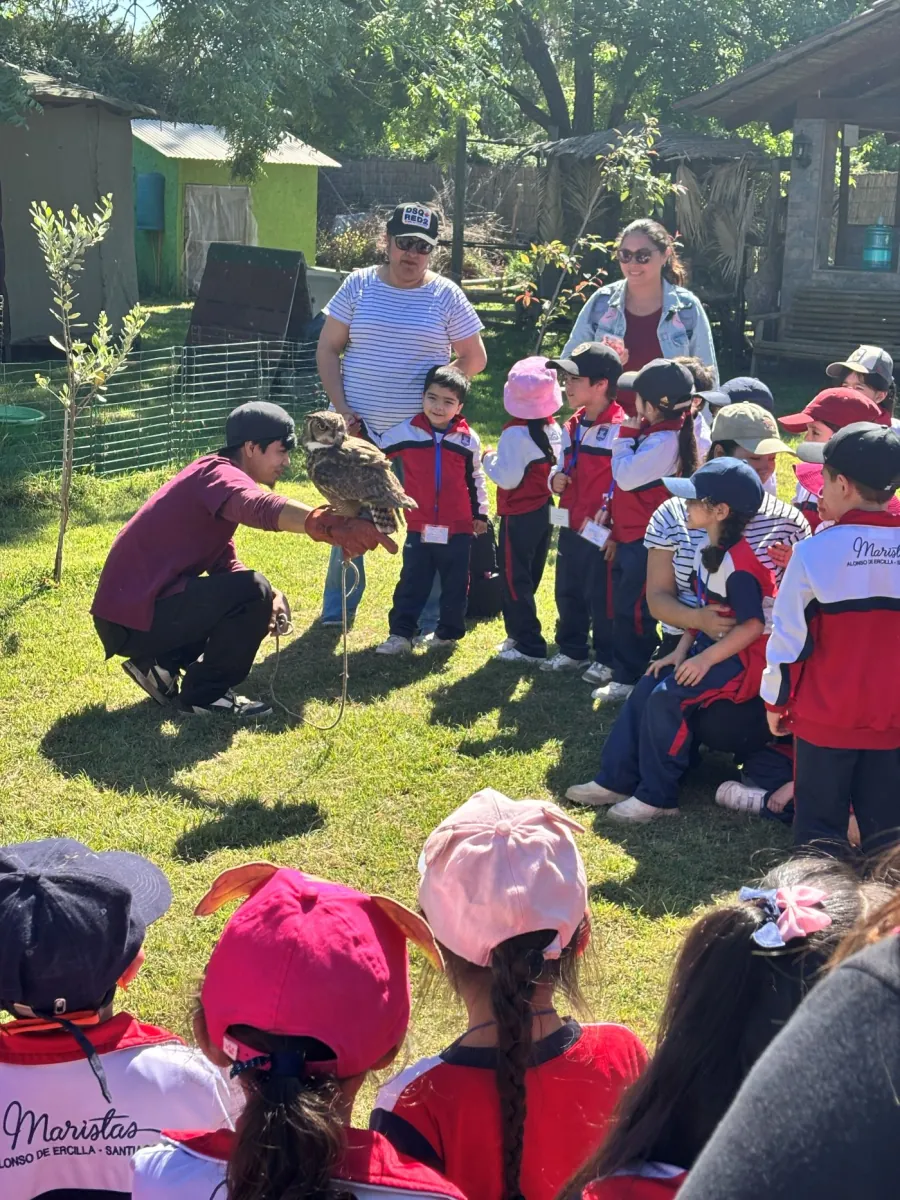 Estudiantes conociendo un ave rapaz en el Bioparque Huellitas